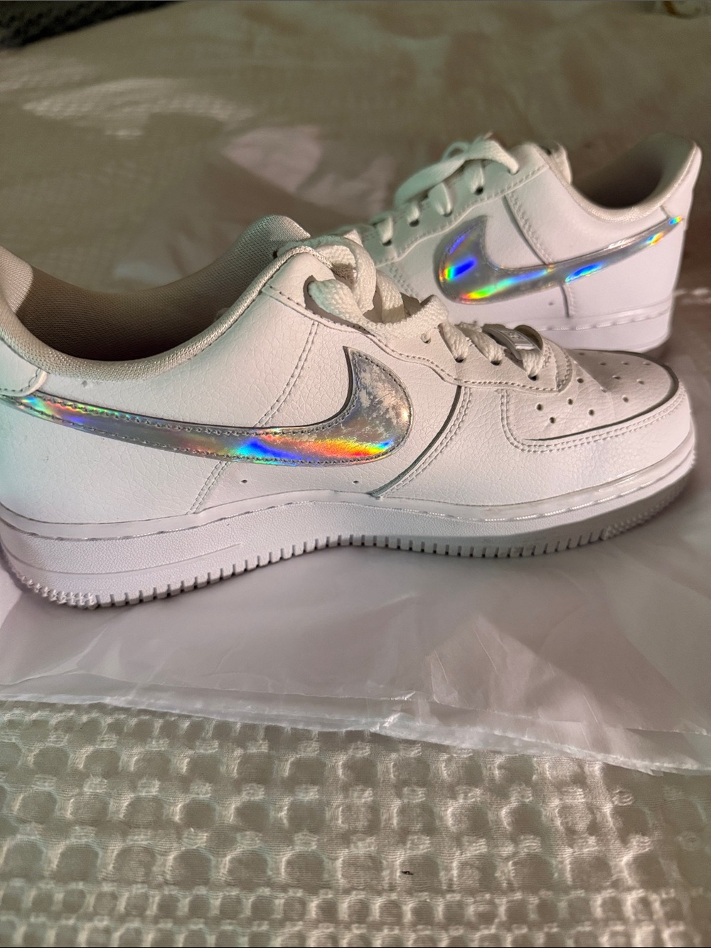 Nike Women's White Sneakers with Iridescent Holographic Swoosh